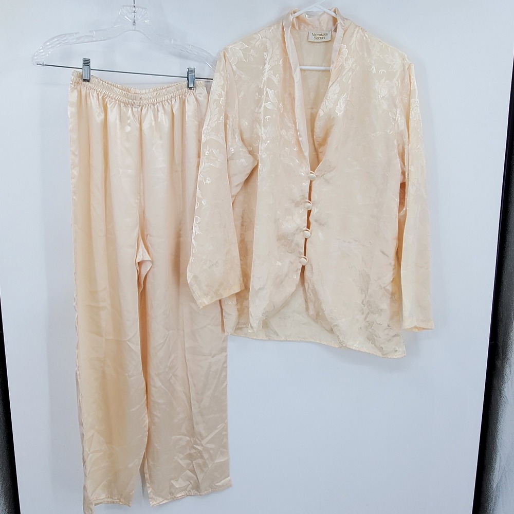 Vintage Victoria's Secret Gold Label Floral Jacquard Pajama Set Cream‎ Medium
